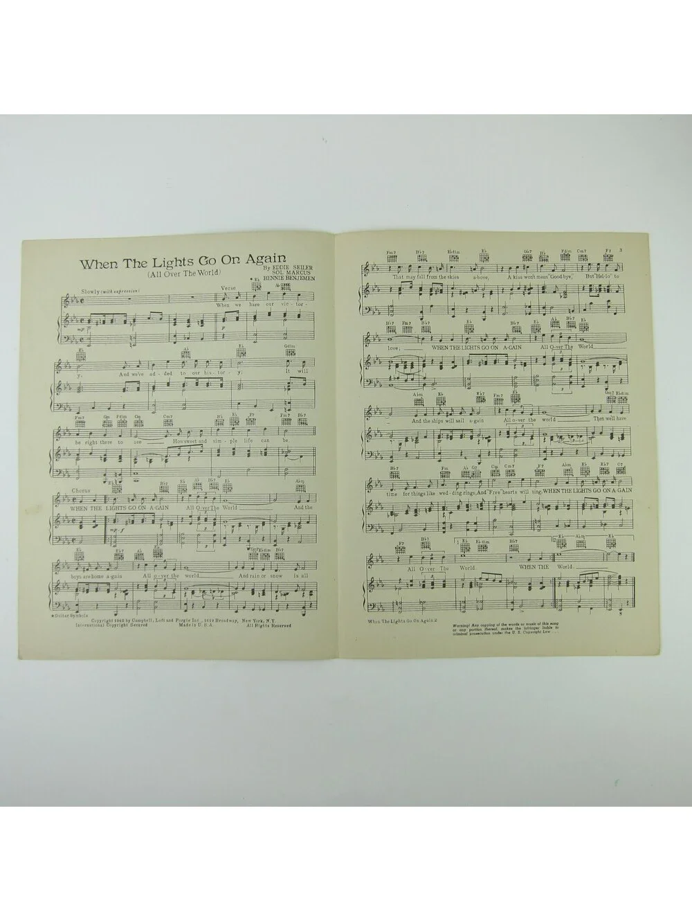 Sheet Music When the Lights Go on Again All Over the World WWII Vintage 1942
